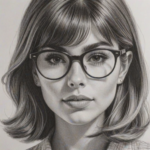 Radiant Olivia Jade Giannulli, pencil sketch, portrait of Pleasing woman 1965s in glasses, hair style beatnik, outline, clear lines, fine lines, 8k