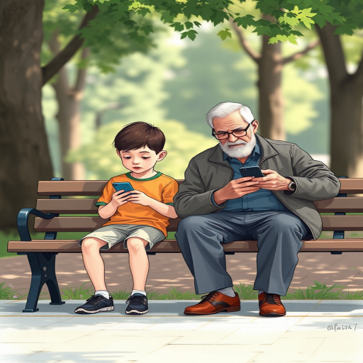 Create an illustration of a young boy and an older man sitting on a park bench, both engaged with their smartphones, using a Canon EOS R5 with a 50mm f/1.2 lens, aperture set to f/2.8, ISO 100, capturing in natural light, with a shallow depth of field for a soft background effect.