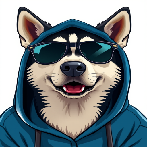 Regenerate a digital illustration of a stylized husky wearing a blue hoodie and sunglasses, sharp colors, high contrast, focus on facial details, shot with a DSLR camera at f/2.8 aperture, 50mm lens, natural lighting to enhance depth and texture.