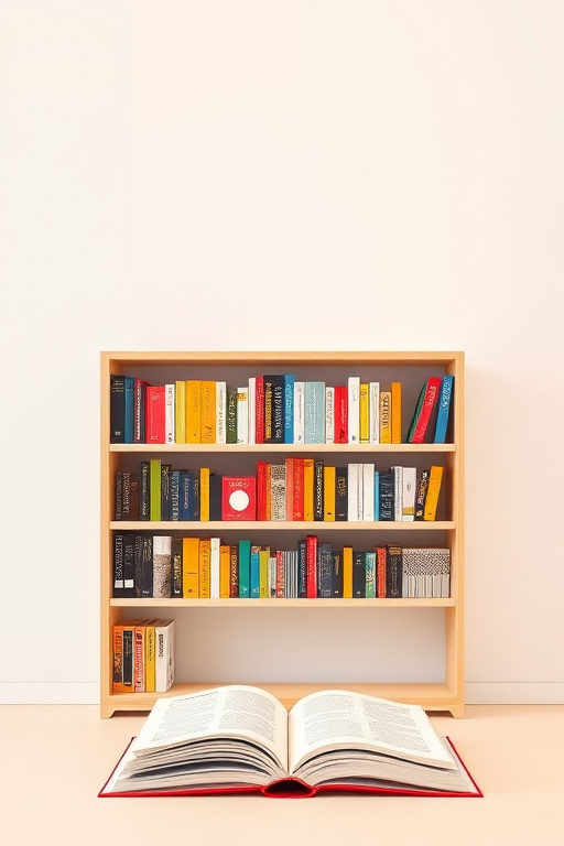 Create a high-resolution illustration of a minimalist bookshelf with colorful books and two open books on a clean background, shot with a Canon EOS R5 at f/2.8, ISO 100, 35mm lens, in a bright and evenly lit environment.