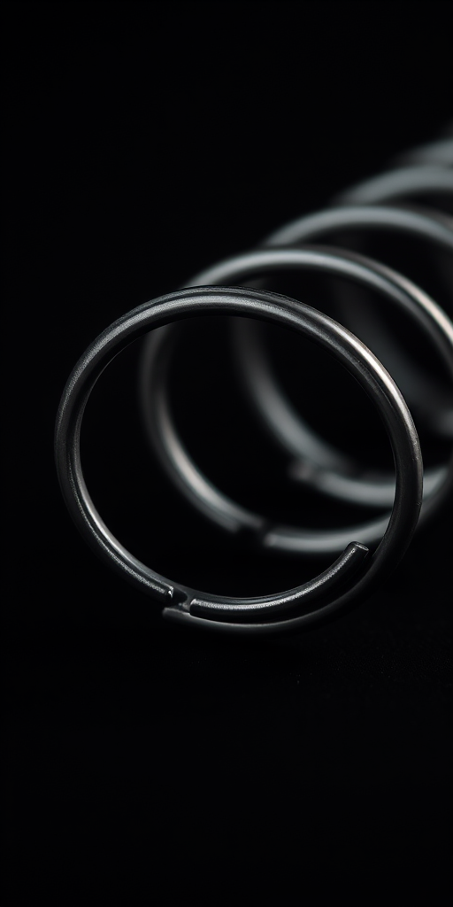 capture a close-up image of a metallic spring on a black background with a Canon EOS R5, 50mm lens, f/2.8 aperture, 1/125 sec shutter speed, ISO 100, soft diffused lighting for enhanced texture and detail