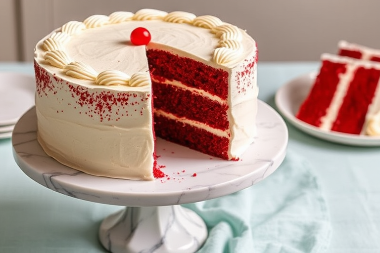 A beautifully decorated red velvet cake with cream cheese frosting on a white marble cake stand featuring a slice removed revealing layers of red cake and creamy filling with a light blue tablecloth in the background and a plate of cake slices nearby.