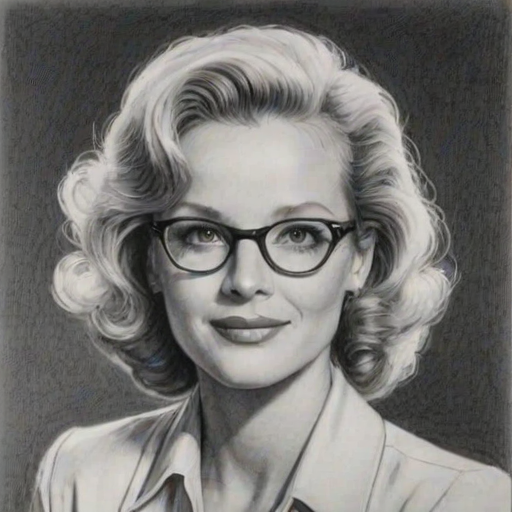 Beauteous Christine Ebersole, pencil sketch, portrait of Radiant woman 1942s in glasses, hair style beatnik, outline, clear lines, fine lines, 8k