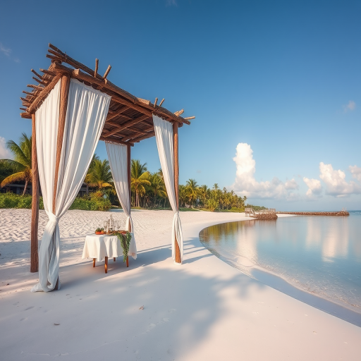 Create a picturesque tropical beach scene featuring a serene, white sandy shore. In the foreground, there's a rustic wooden canopy with white drapes gently flowing in the breeze. Underneath the canopy, a table is set with tropical decor, evoking a sense of relaxation and leisure. The beach extends into a calm, shallow water area with reflections of the sky and surroundings. Palm trees and lush greenery line the edge of the beach, providing a natural, tropical backdrop. The sky is clear with a few scattered clouds, and the overall atmosphere is tranquil and inviting, perfect for a peaceful retreat.