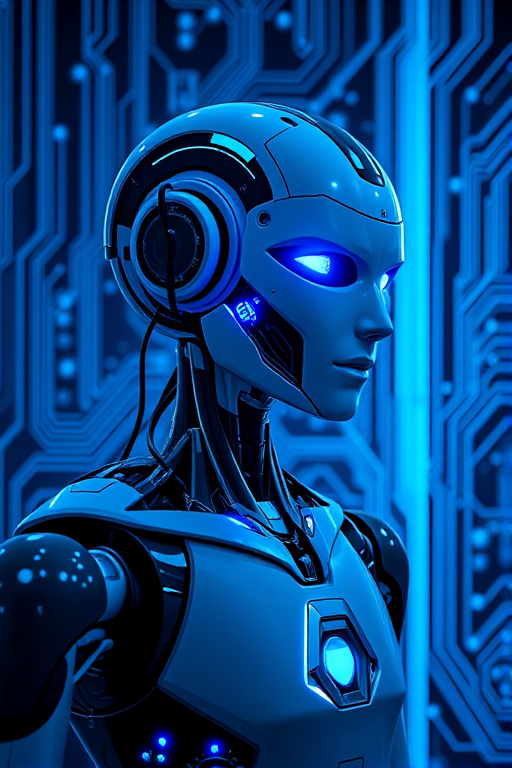 futuristic humanoid robot in a digital circuit environment, illuminated in blue tones, high-resolution, 50mm lens, f/1.8 aperture, ISO 100, HDR photography, wide-angle view, studio lighting