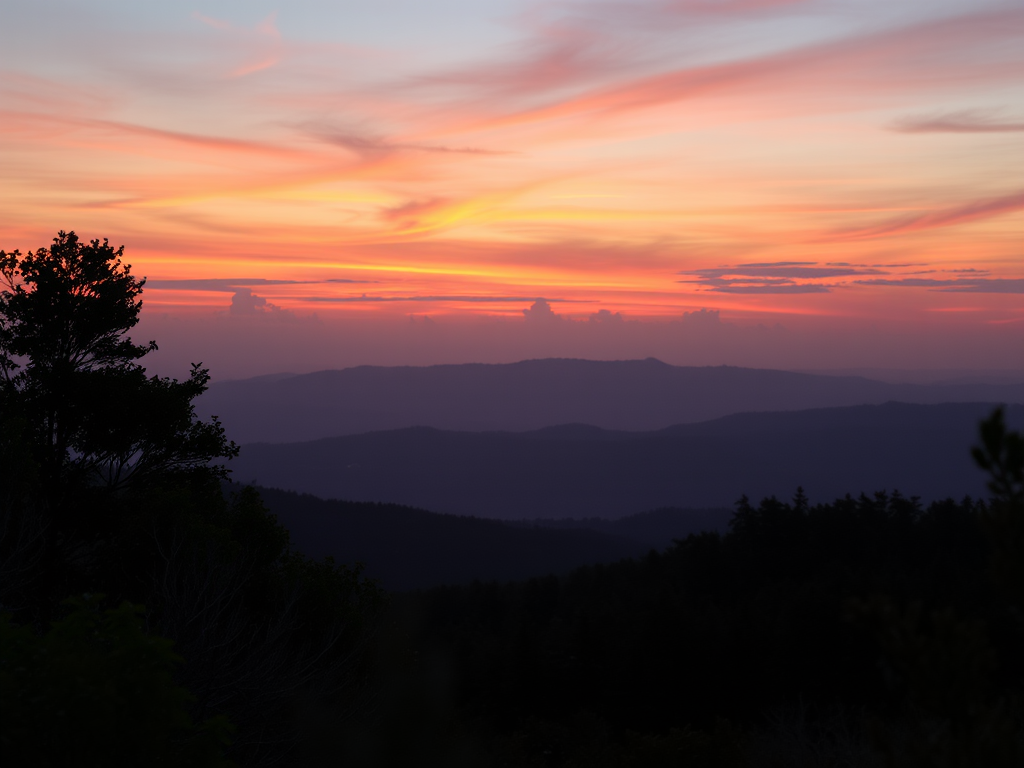 Create a high-resolution image of a serene landscape at sunset with vibrant colors, using a DSLR camera, 35mm lens, aperture f/8, shutter speed 1/125s, ISO 100, landscape view, natural lighting, and a soft focus effect.