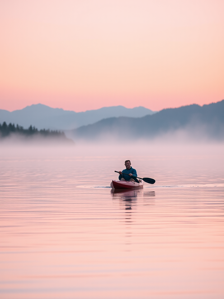 Softly focused image of a lone kayaker paddling through a calm lake at dawn, the soft mist rising from the water, with distant mountains and soft pastel colors reflecting on the water's surface.