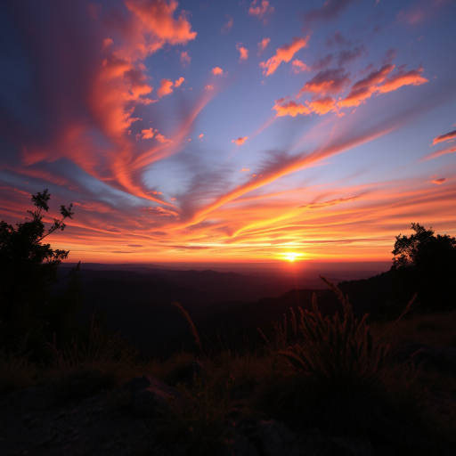 Generate a high-resolution image of a scenic landscape during sunset with vibrant colors, using a DSLR camera with a 50mm lens at f/1.8, ISO 100, and a shutter speed of 1/200 seconds, captured from a low angle to enhance depth and detail.