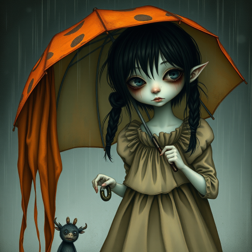 An eerie, weird little girl with dark hair in thin pigtails, wearing a smock dress, standing in the rain, holding a dirty orange umbrella, a small, odd creature beside her. In a surreal style inspired by Nicoletta Ceccoli and Brian Froud. Dark fantasy themes