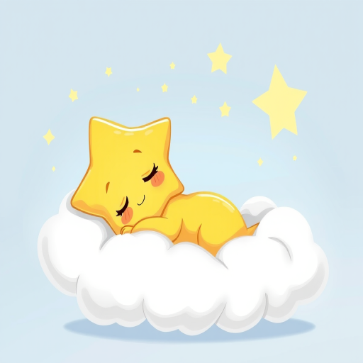 Create a dreamy illustration of a cartoon yellow star sleeping on a fluffy white cloud, with a soft blue background, using a digital painting technique and a high-resolution setting of 300 DPI, captured in a wide-angle view.