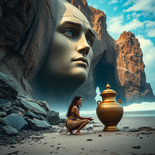 Create a surreal landscape featuring a giant cracked face emerging from a rocky cliff, a woman in a warrior outfit kneeling beside an ancient golden urn on a beach, shot with a DSLR camera at f/2.8, ISO 100, 24mm lens, using a wide-angle perspective and dramatic lighting to enhance details and textures.