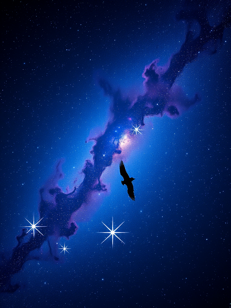 Create a vivid deep space scene showcasing vibrant blue and purple nebulae with shimmering stars, captured with a Canon EOS R5, 24mm lens, f/2.8 aperture, ISO 800, 30-second exposure, clear night sky view, astrophotography style.