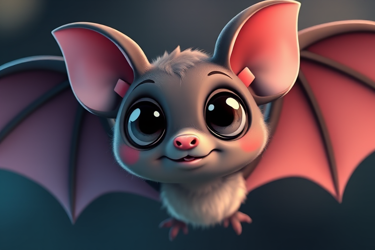 Create a cartoon-style image of a cute bat with wide wings, large round eyes, and pink ears, captured with a DSLR camera at f/5.6 aperture, 1/250 sec shutter speed, and ISO 100, using a close-up view to enhance the details and colors.
