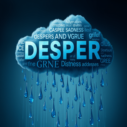 Create a high-resolution digital illustration of a cloud made of words such as despair, sadness, and grief, with large, realistic blue raindrops cascading downward, using a Canon EOS R5 with a 50mm f/1.2 lens, aperture set to f/2.8, ISO 100, and a soft, diffused lighting style to enhance image quality and depth, focusing on the contrast between the dark cloud and the bright raindrops.