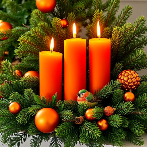 Create a cozy holiday scene featuring three lit orange candles surrounded by lush greenery. Include decorative elements like shiny orange ornaments and a small, colorful bird nestled among the foliage. Emphasize warmth and festivity in the arrangement.