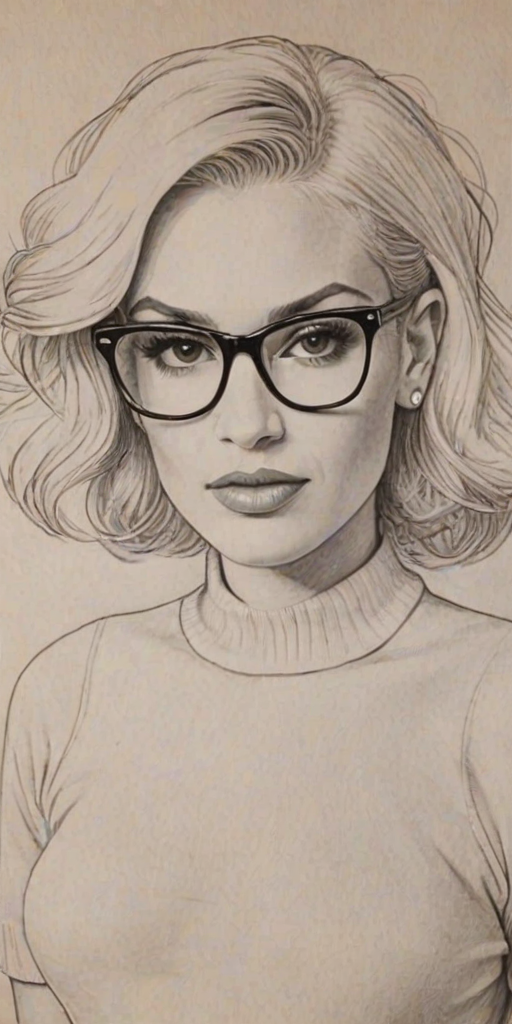 Lovely Gwen Stefani, pencil sketch, portrait of Attractive woman 1976s in glasses, hair style beatnik, outline, clear lines, fine lines, 8k