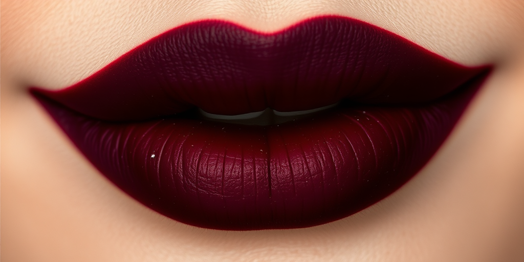 Velvety matte burgundy lips with "Wine Noir" style, enhanced by a subtle black outline and tiny flecks of silver glitter for a dramatic and sophisticated look