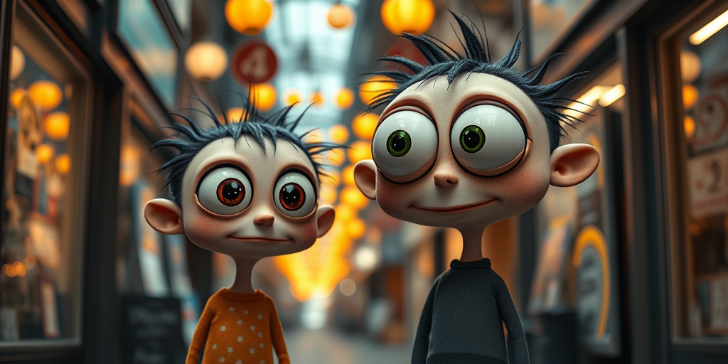 Create a highly detailed image of two whimsical, cartoonish characters with oversized heads and large, expressive eyes standing in a bustling alleyway filled with soft, warm lights, captured with a Nikon D850, 50mm lens, f/1.8 aperture, ISO 100, and a shallow depth of field for enhanced focus on the characters while gently blurring the background.
