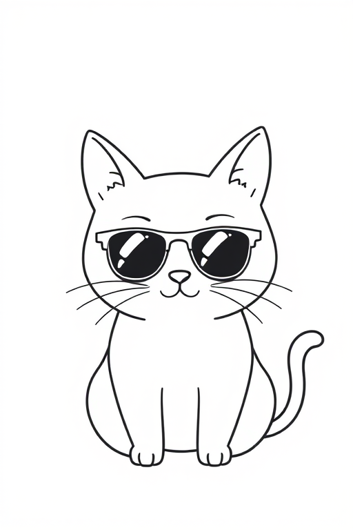 Create a simple line drawing of a cute cat wearing sunglasses with a small smile on a textured white background.