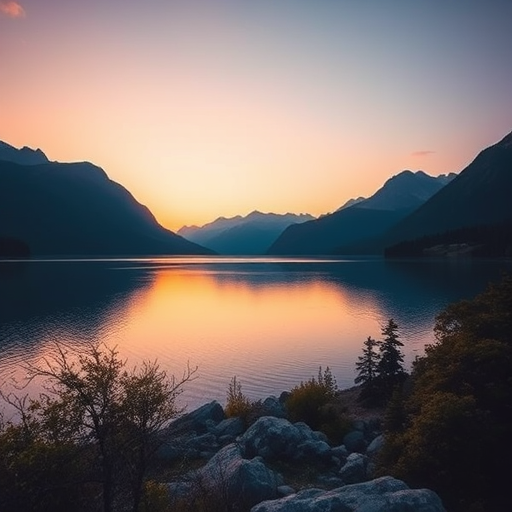 Create an image of a scenic landscape during sunset over a calm lake surrounded by mountains, with soft, warm colors reflecting on the water, taken with a Canon EOS R5 at f/8, ISO 100, 24mm focal length, using a wide-angle lens and a low-angle view for depth.