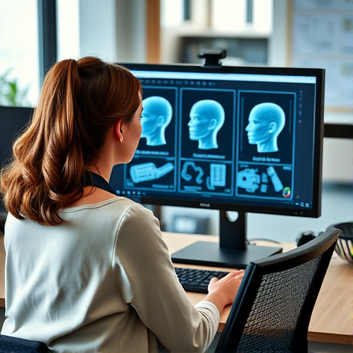 Create a high-resolution image of a woman sitting at a desk in an office environment, focused on a computer screen displaying 3D head models with technical schematics, use a Canon EOS R5 camera, aperture f/2.8, ISO 100, 35mm lens, natural lighting for a clear and vibrant look, and a slight depth of field to emphasize the subject.