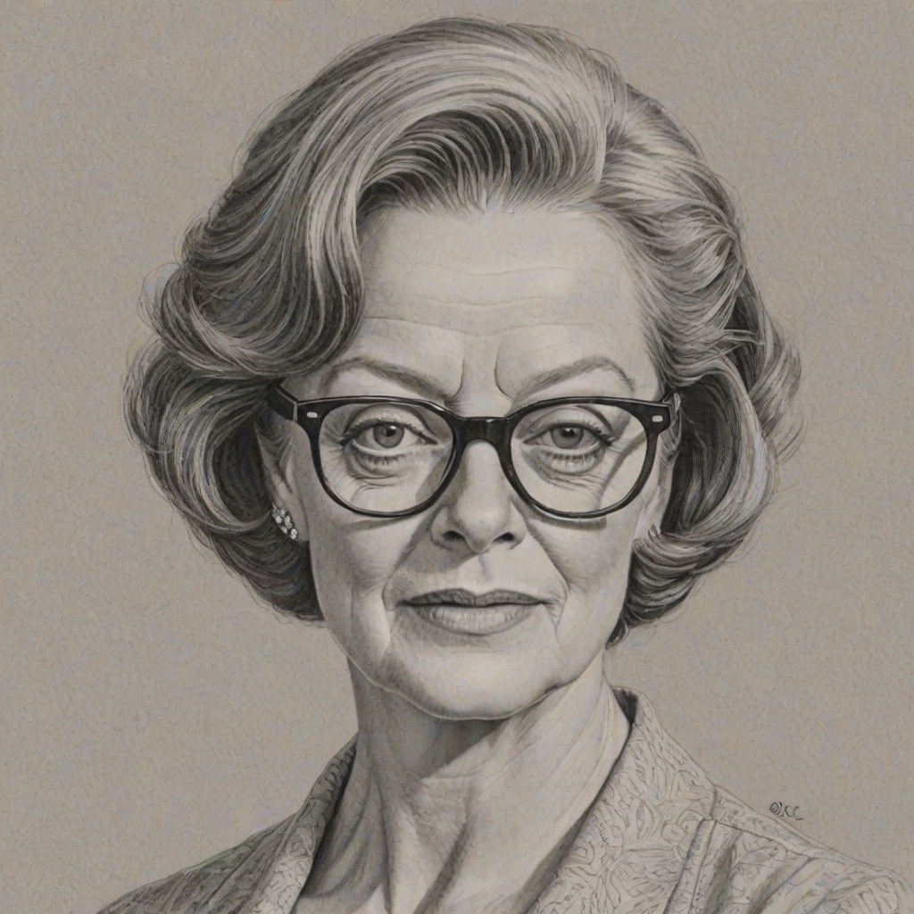 Resplendent Maggie Smith, pencil sketch, portrait of Stunning woman 1953s in glasses, hair style beatnik, outline, clear lines, fine lines, 8k