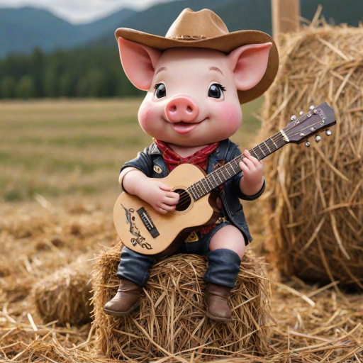 A chibi pig, dressed as a cowboy, playing guitar, sitting on a hay bale