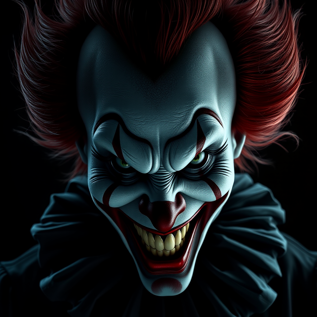 Create a hyper-realistic, dark, and eerie clown with a sinister smile, set against a black background. The clown should have exaggerated makeup with sharp, contrasting colors to enhance its menacing appearance. The overall atmosphere should be unsettling and intense, capturing a sense of horror and suspense