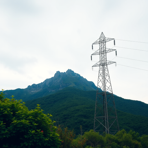 Capture a high-resolution landscape shot of a mountain with a power tower in the foreground, using a DSLR camera at 24mm focal length, aperture f/8, ISO 200, with a slight overcast sky and vibrant green vegetation, in a wide-angle perspective.