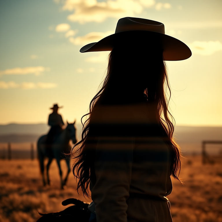 "Create a Double exposure", a silhouette "profile portrait of a young cowgirl" with long hair "superimposed" against a long shot of a cowgirl riding a horse across the plains, fantastic view, 32k, cinematic, hyper-realistic.