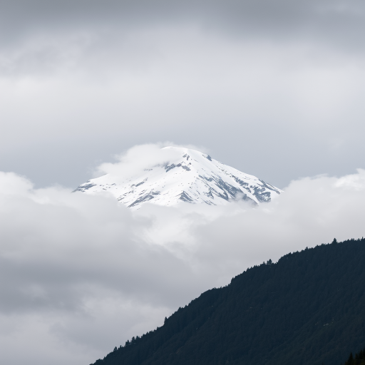 Capture a high-resolution image of a snow-capped mountain peak shrouded in clouds during overcast weather, with a Canon EOS R5, 50mm lens, f/8 aperture, ISO 100, at a focal length of 50mm, using a wide-angle perspective for depth.