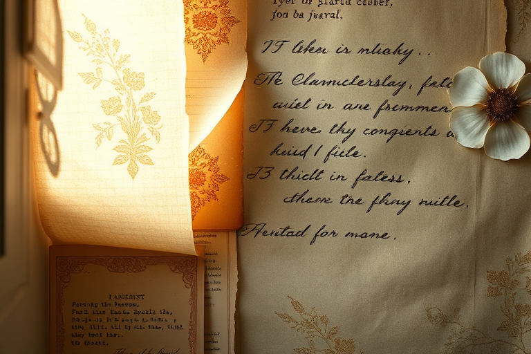 Create an ethereal vintage-style image featuring layered textures of aged parchment, faded writing, and subtle floral patterns, captured using a DSLR camera with a 50mm lens at f/2.8, ISO 100, and a warm color tone, with soft natural lighting from a side window to enhance depth and detail.