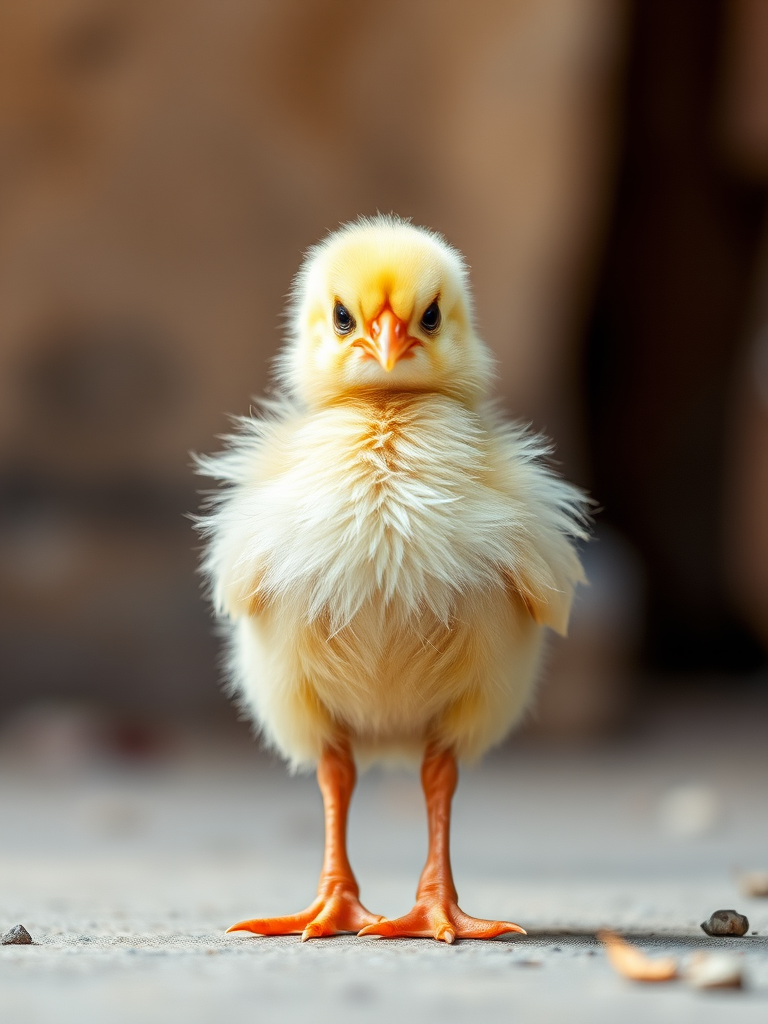 Create a high-resolution image of a fluffy chick standing upright with soft feathers, captured in natural daylight using a DSLR camera with a 50mm lens, aperture set to f/1.8 for a blurred background, shot from a low angle to emphasize height and perspective.