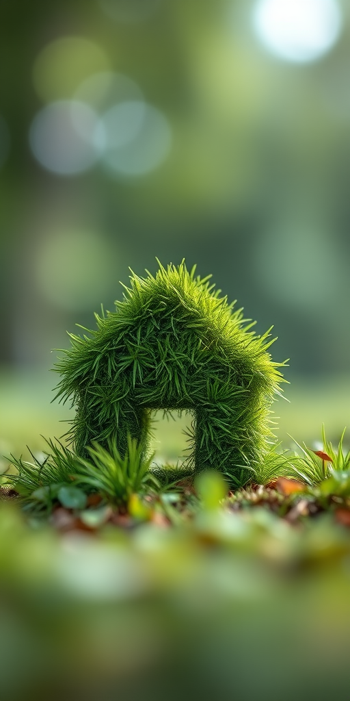 Regenerate the image of a grassy house shape with vibrant green color using a Canon EOS R5, 24mm lens, f/8 aperture, ISO 100, 1/200 sec shutter speed, taken from a low angle with a soft focus background for enhanced depth of field.