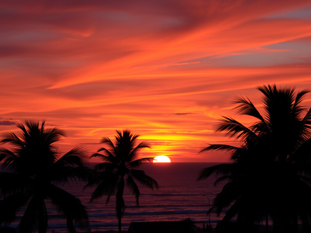 vibrant sunset over the ocean with silhouetted palm trees in the foreground, warm colors blending in the sky, HDR photograph, 50mm lens, f/8 aperture, ISO 100, shot at golden hour, wide angle view, digital camera