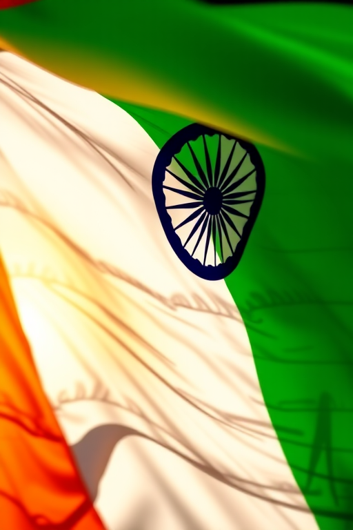 Create a high-resolution image of the Indian flag flowing in the wind, emphasizing the vibrant colors, using a Canon EOS R5 camera with a 50mm lens, aperture set to f/1.8, ISO 100, and a shutter speed of 1/125 sec, captured from a low angle to enhance the depth and texture of the fabric.