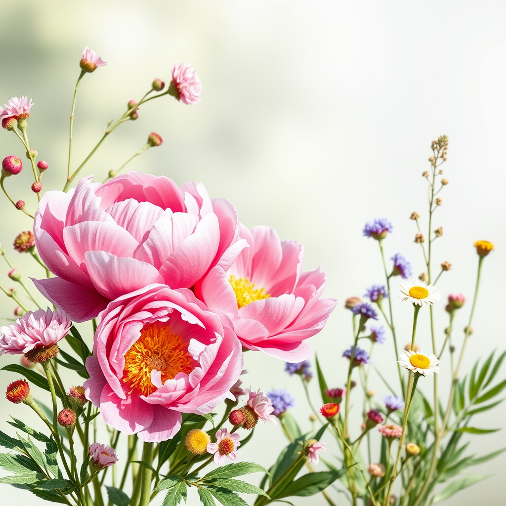 Create a high-resolution watercolor floral frame featuring pink peonies and assorted wildflowers on a transparent background, captured with a Canon EOS R5 at f/2.8, ISO 100, 50mm lens, in natural light, ensuring vibrant colors and detailed textures.