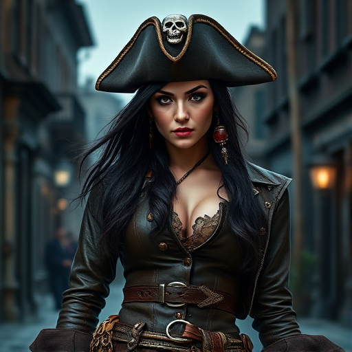 Create a portrait of a fierce female pirate. She wears a leather tricorn hat adorned with a skull and crossbones emblem, and her long, dark hair flows around her face. Her outfit consists of a richly detailed leather jacket, a corset, and multiple layers of belts and accessories, giving her a formidable and stylish appearance. She stands confidently in a dimly lit, historic port town, with a backdrop of weathered buildings and cobblestone streets, capturing the adventurous spirit of a pirate.