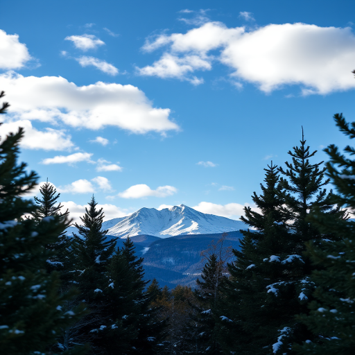 Capture a winter landscape of snow-capped mountains framed by pine trees under a blue sky with scattered clouds, using a DSLR camera, 50mm lens, aperture f/8, ISO 100, and a high dynamic range to enhance color and detail.