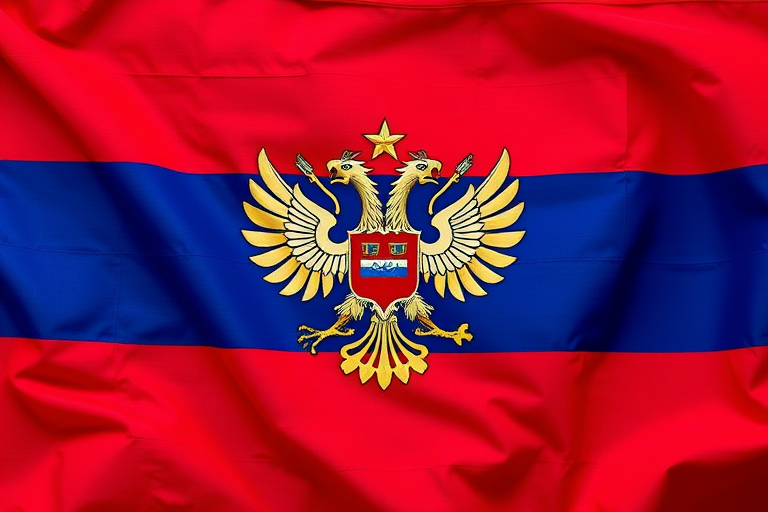 Create a high-resolution image of the Russian flag with intricate details of the double-headed eagle at its center, shot with a DSLR camera at f/8 aperture, ISO 100, 50mm lens, natural lighting, and a shallow depth of field to enhance the texture of the fabric.