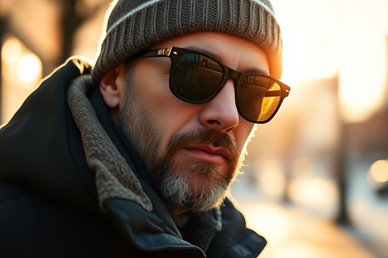 portrait of a man in a winter coat with sunglasses and a beanie, soft sunlight illuminating his face, shallow depth of field, 50mm lens, f/1.8 aperture, ISO 200, 1/250 sec shutter speed, natural light outdoor setting, cinematic style, high-resolution image