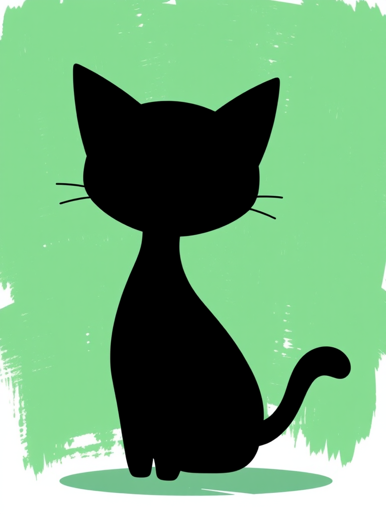 Create a whimsical cartoon illustration of a green brushstroke background with a cute, simplistic black cat silhouette in the foreground, captured with a Canon EOS R5, 50mm lens, f/1.8 aperture, ISO 100, in soft natural lighting for enhanced detail and contrast.