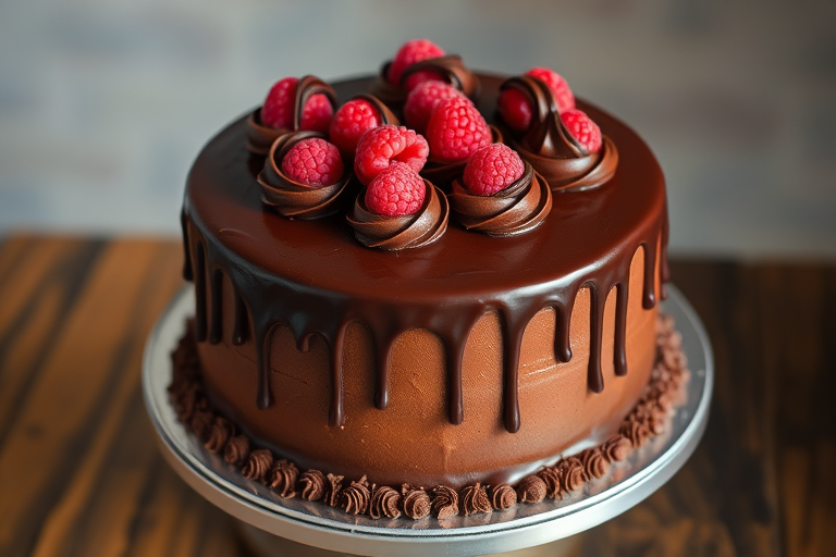 A beautiful chocolate cake with smooth chocolate frosting drizzled on top decorated with chocolate swirls and fresh raspberries arranged elegantly on the surface with chocolate sprinkles around the base on a silver cake stand.