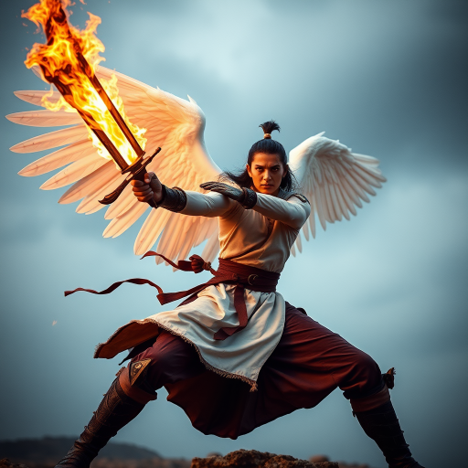Create an action-packed image of a powerful warrior with white wings wielding a flaming sword in a dynamic pose, using a DSLR camera with a 50mm lens at f/1.8, ISO 100, 1/500s shutter speed, from a low angle to emphasize strength and movement.