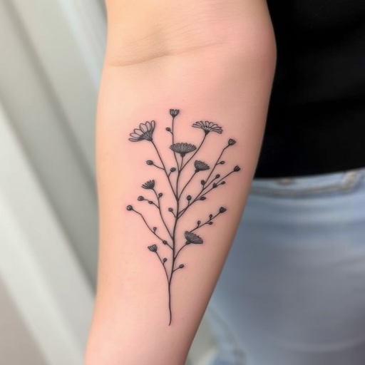 Delicate fine line tattoo titled "Whisper of Nature" depicting a detailed botanical illustration of wildflowers and vines with ultra-thin strokes and minimal shading creating a subtle and elegant design