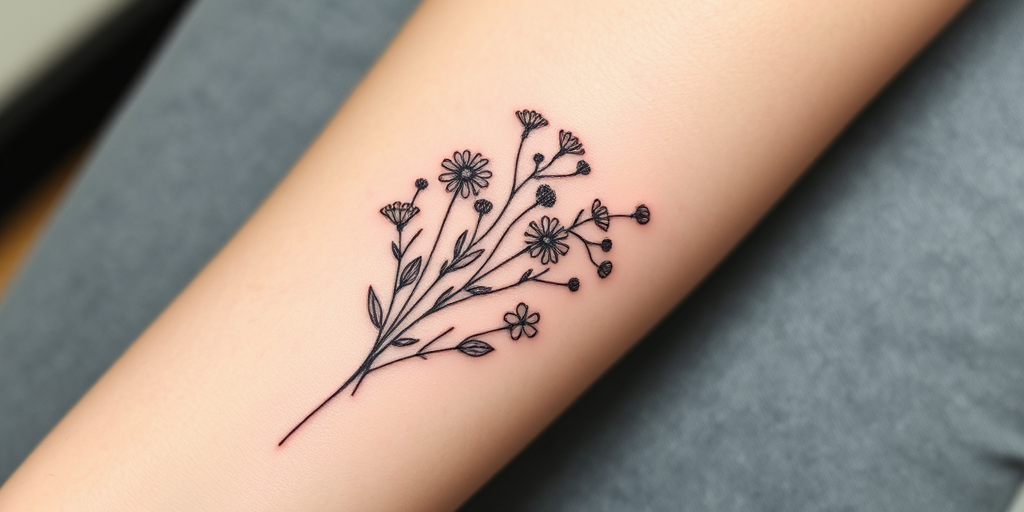 Fine line botanical tattoo of a delicate wildflower bouquet on the inner forearm, with ultra-thin lines and soft, muted color accents