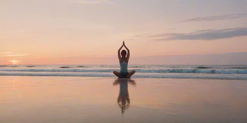 Soft-focus image of a serene yoga session on a beach at sunrise, with a lone practitioner in a meditative pose, soft waves lapping at the shore and pastel skies overhead.