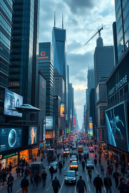 Futuristic cityscape, with sleek skyscrapers and flying vehicles, illuminated by neon lights, bustling streets filled with diverse people, and digital billboards showcasing innovative technology.