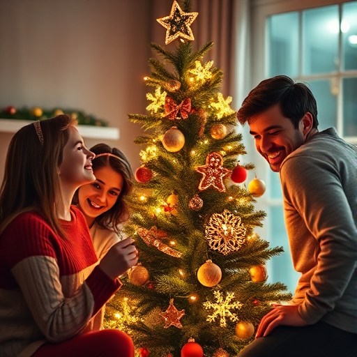 Warmly lit image of a family gathered around a Christmas tree, soft glow from the twinkling lights illuminating their smiles, the smell of pine and gingerbread cookies filling the room.