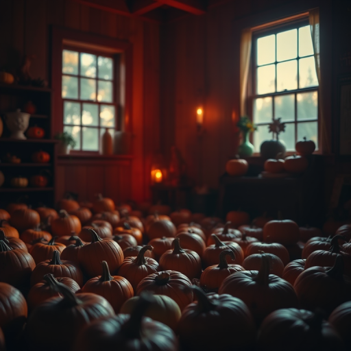 Create a dimly lit interior room filled with scattered pumpkins, illuminated by warm light from two windows, using a high-resolution DSLR camera with a 50mm f/1.8 lens, shutter speed 1/60s, ISO 400, low angle view, soft focus style.